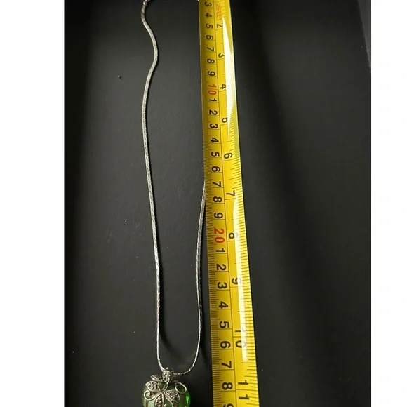 Green Dychroic Glass Heart Pendant with Silver Leaf Detail 22” Sterling Chain